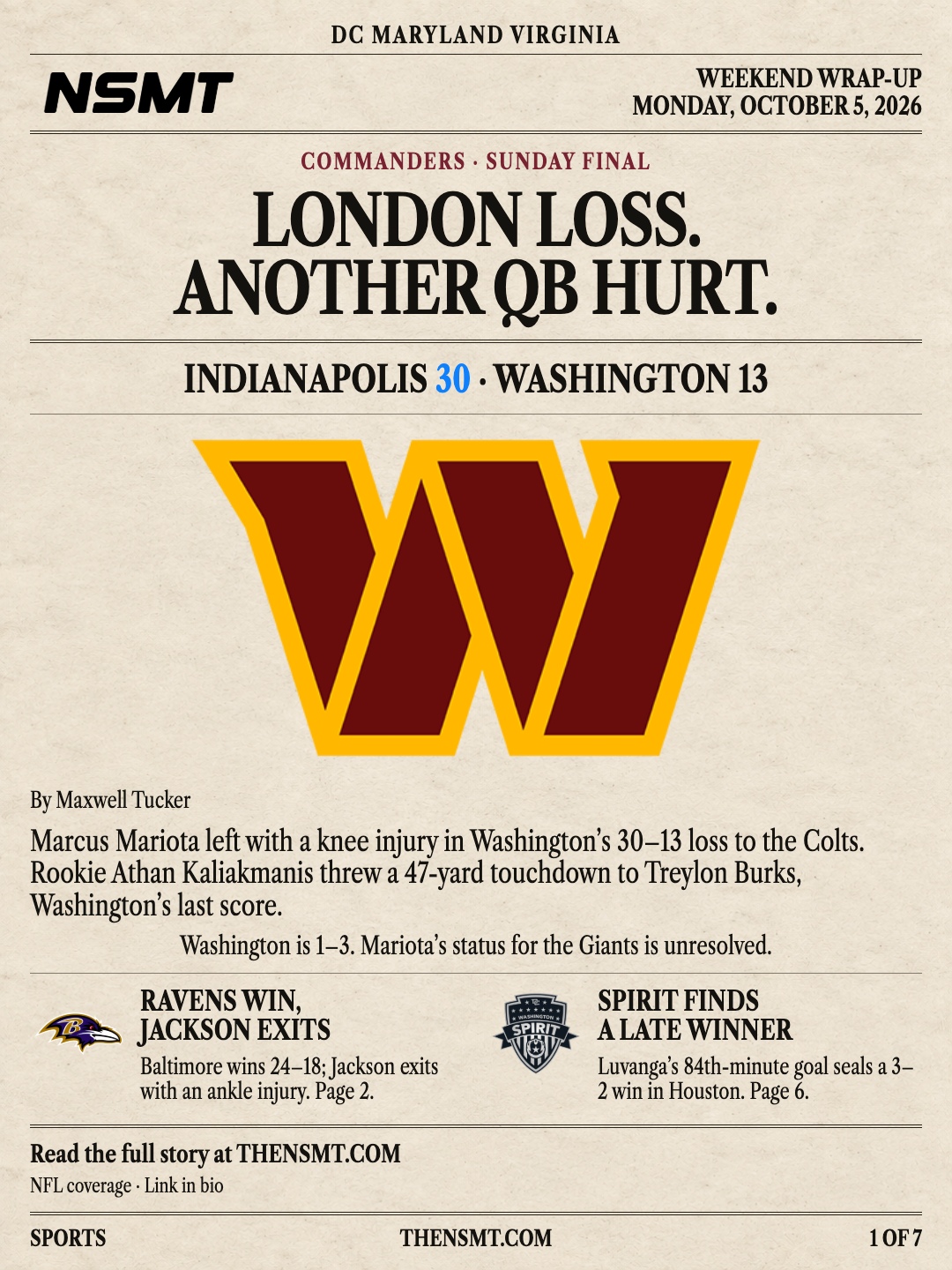 Monday NSMT newspaper cover: London loss, another quarterback hurt