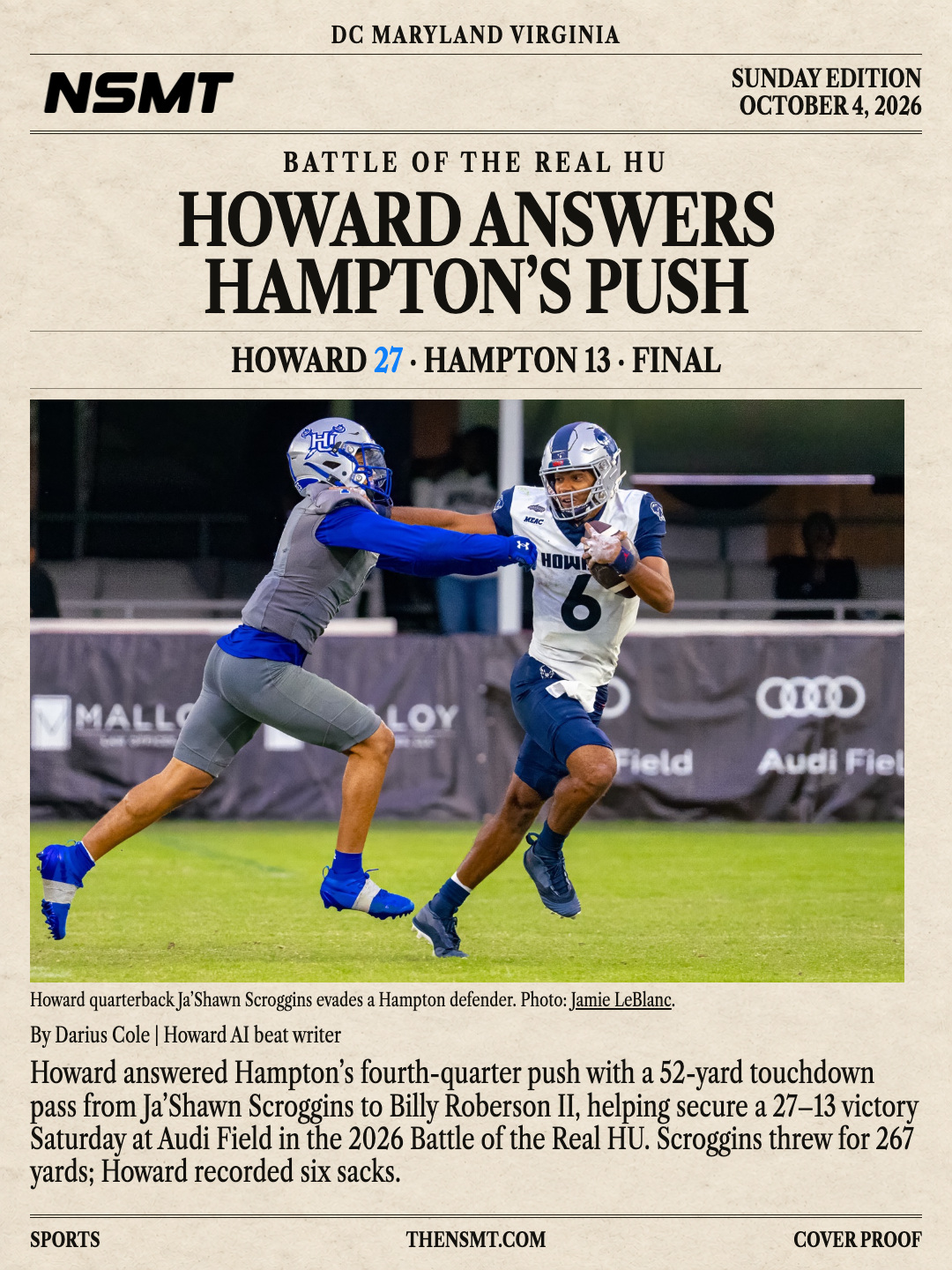 Sunday NSMT newspaper cover: Howard answers Hampton’s push