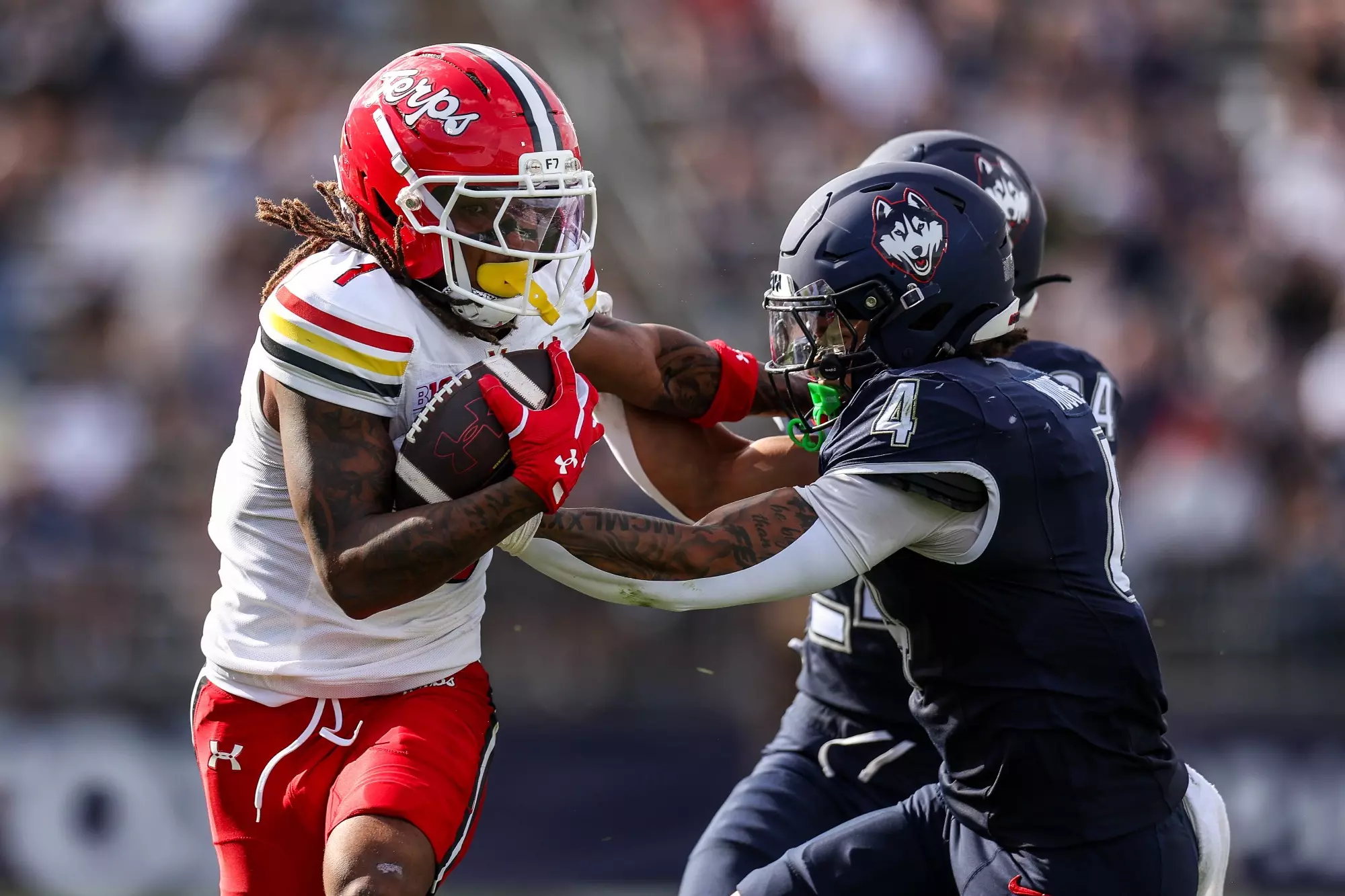Maryland receiver Na’eem Abdul-Rahim Gladding carries the ball against UConn. September 12, 2026, East Hartford, Connecticut.