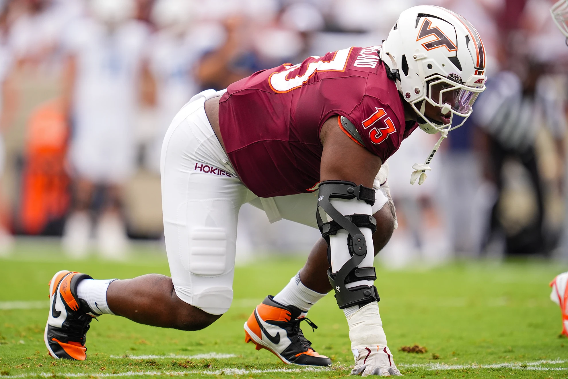 Virginia Tech defensive lineman Kemari Copeland takes his stance during a game.