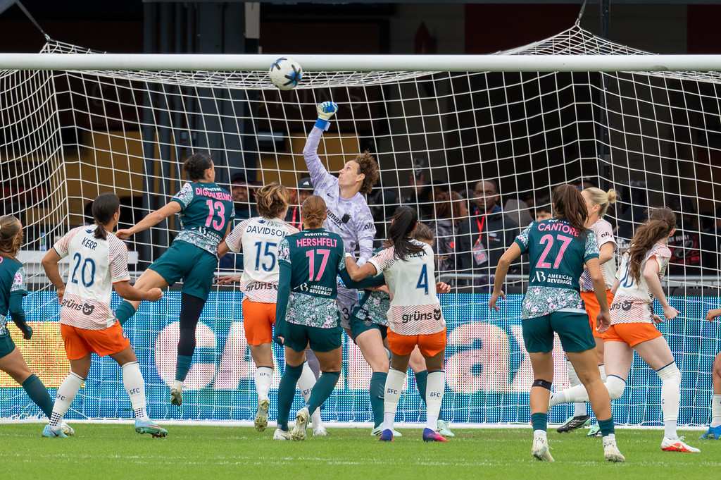 Players contest a ball in front of Gotham FC’s goal.